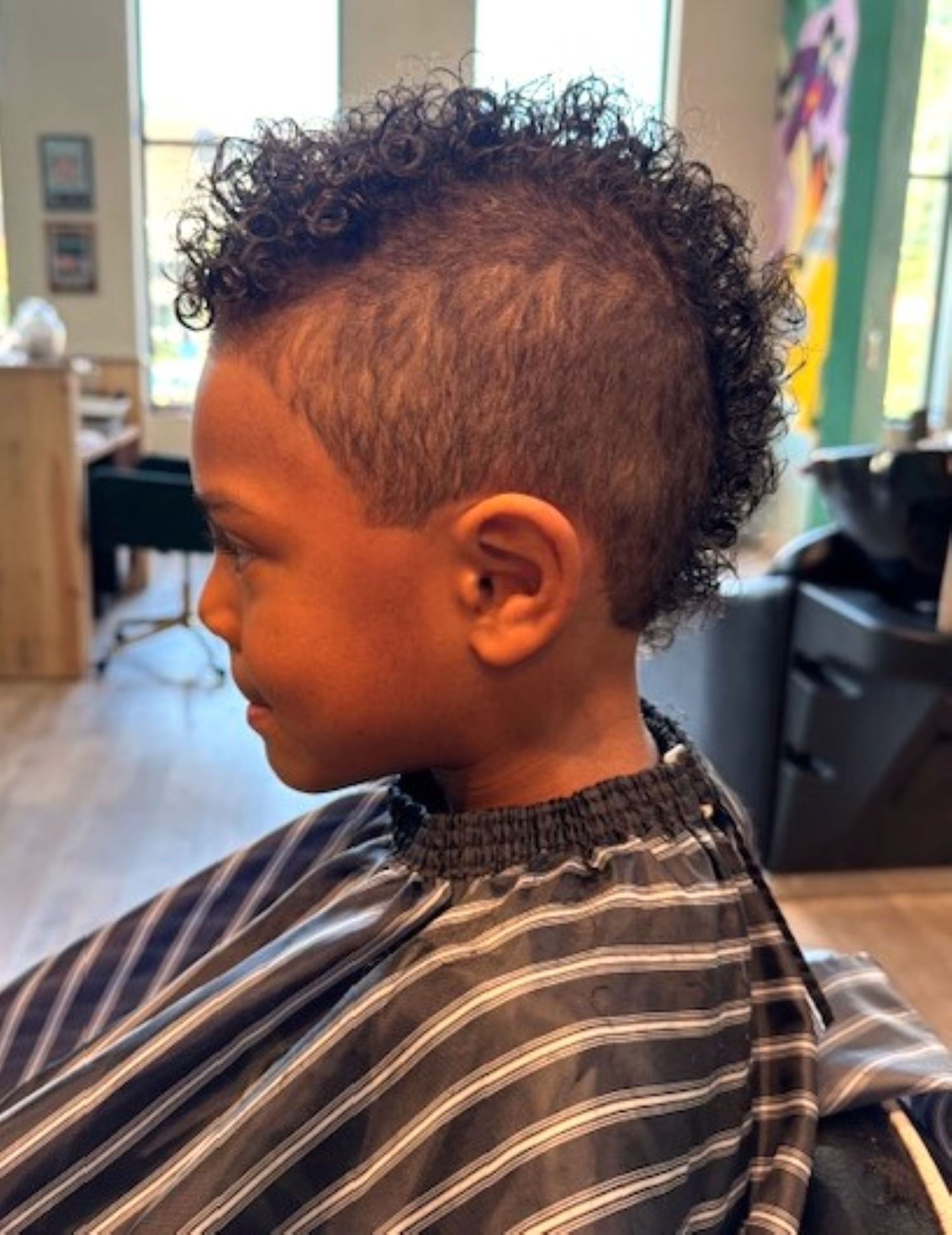 A young boy with curly hair is getting his hair cut