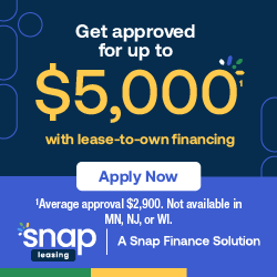 Loan ad: Get approved for up to $5,000 with lease-to-own financing; Apply Now; Snap Finance logo.