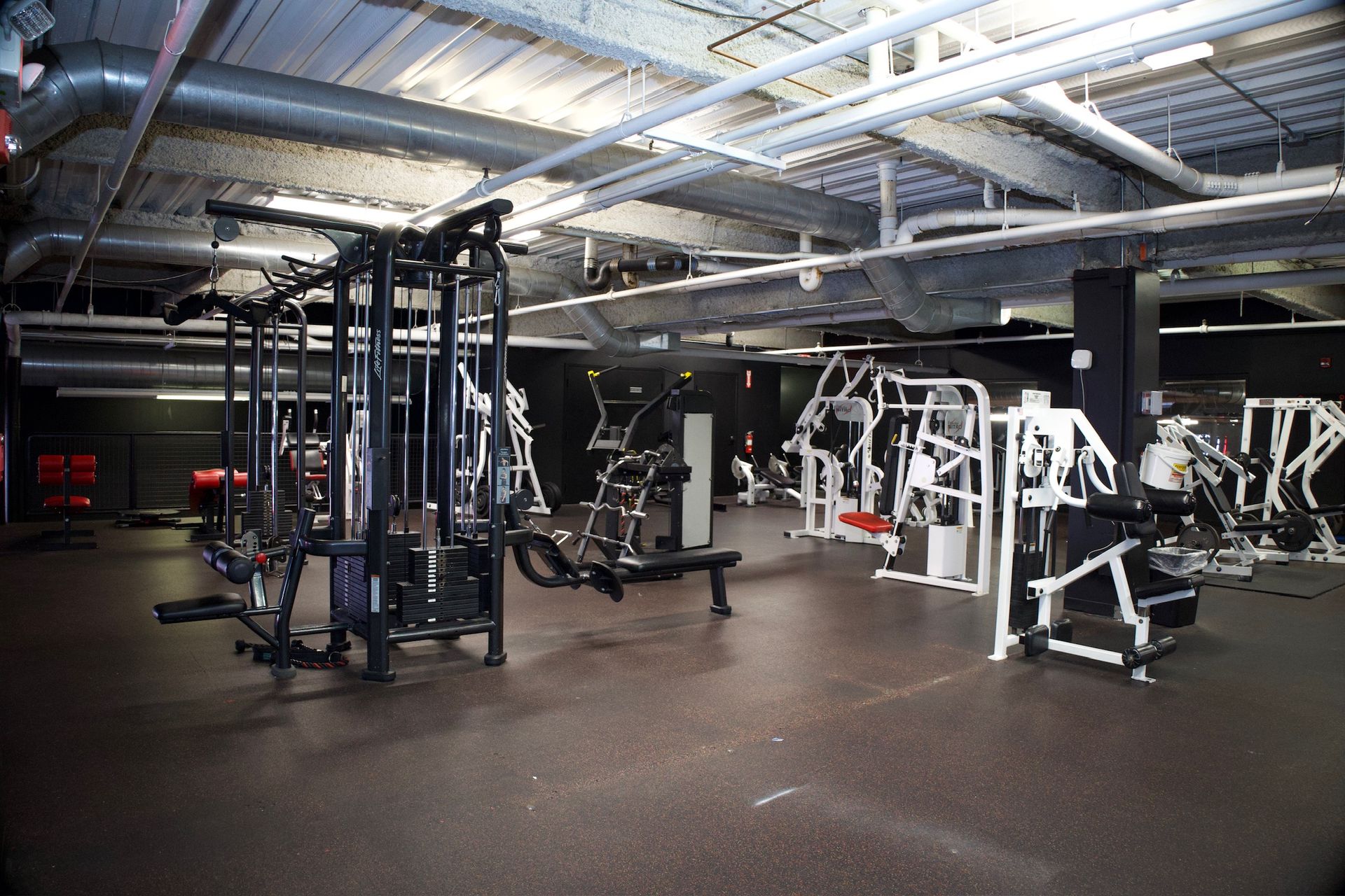 Gym interior with weight machines. Dark flooring, black and white equipment, industrial ceiling, empty space.