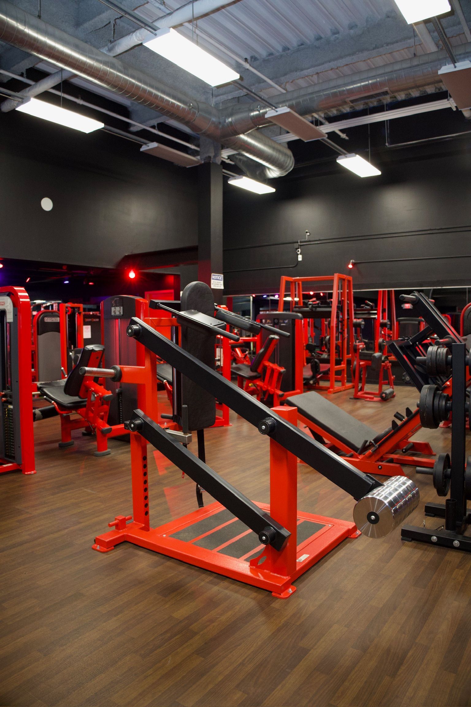 Red and black gym with weight machines.
