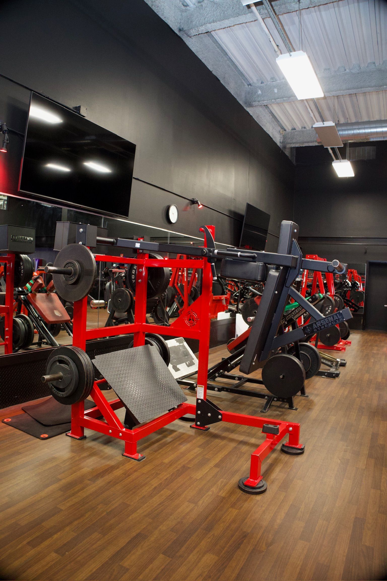 Red and black gym with weight machines. A person may be working out in the gym.