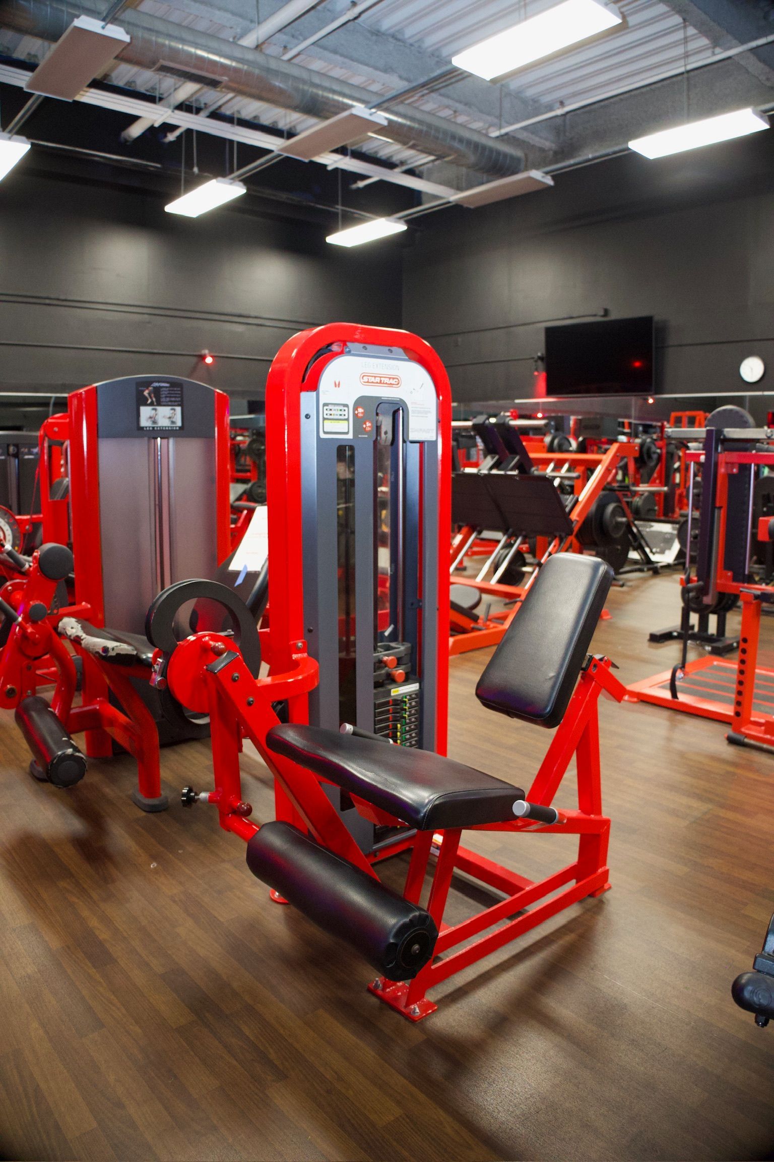 Red leg extension machine in a gym. Other weight machines in the background.