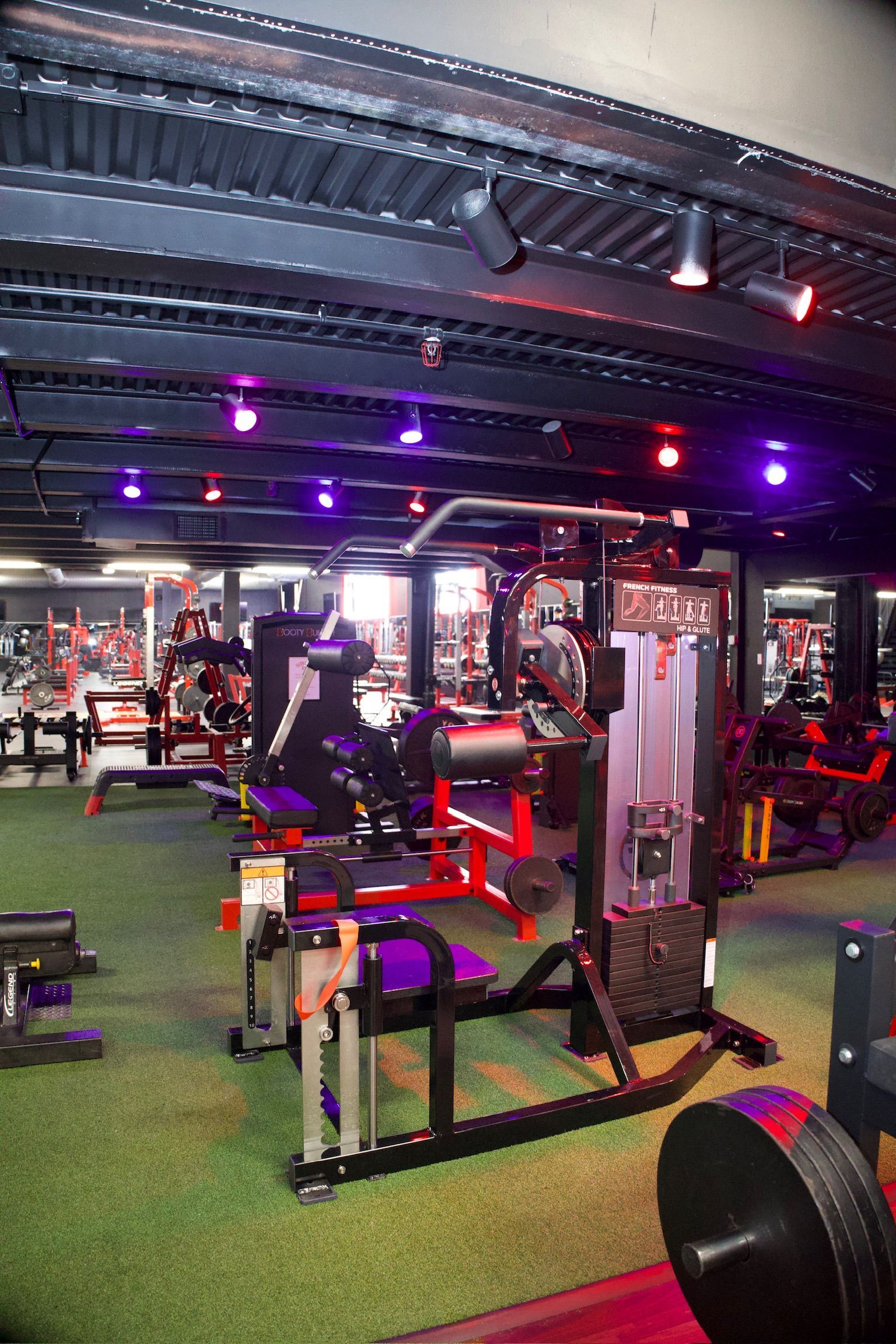 Gym interior with weight machines, artificial turf floor, and purple/red lighting.
