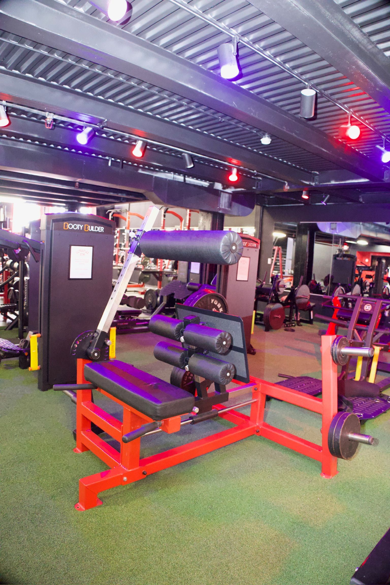 Gym with weight machines and people working out. Red and black equipment on green flooring. Purple and red lighting.