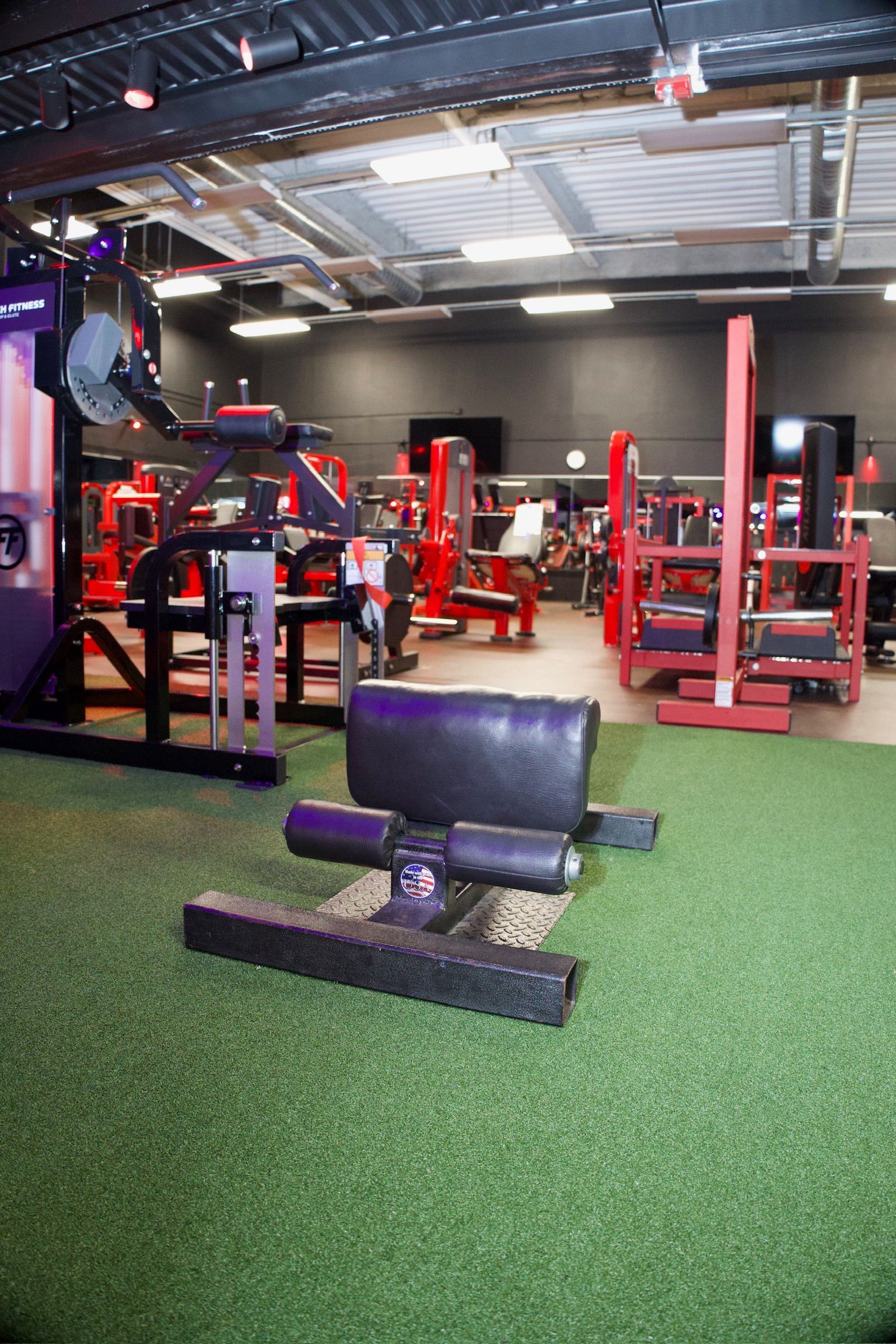 Gym interior with black and red exercise machines on a green turf floor, lit by overhead lights.