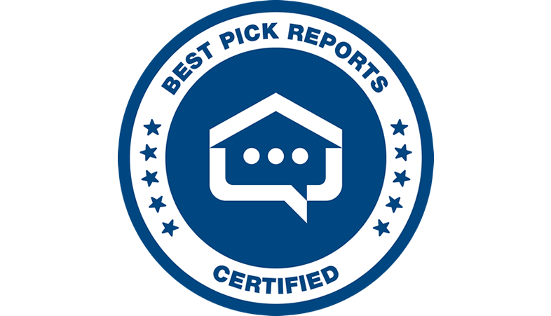 A blue circle with a house and a speech bubble that says best pick reports certified