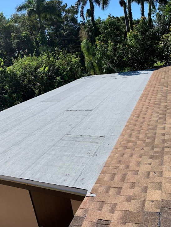 A roof with a gray roof and a brown roof