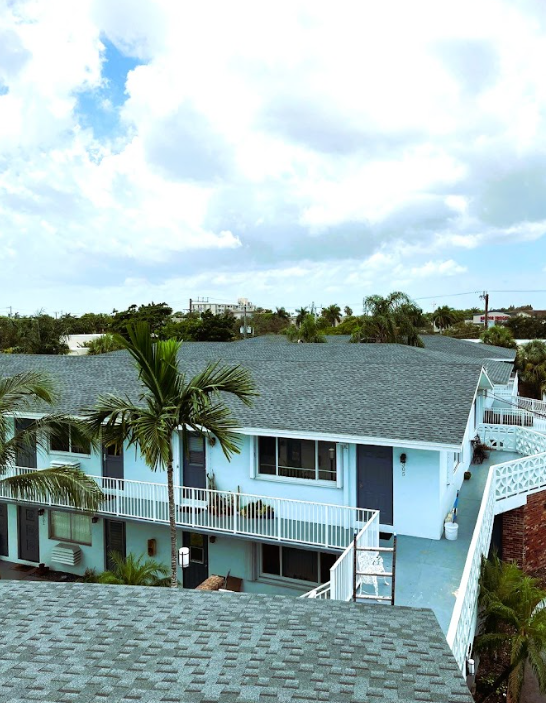 A blue house with a gray roof and palm trees
