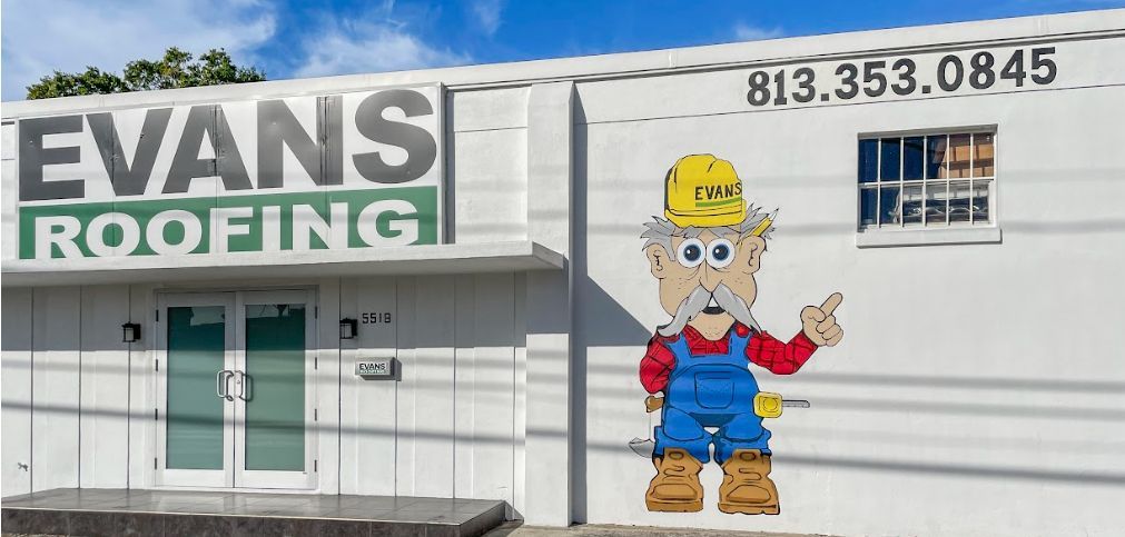 Evans Roofing has a cartoon character painted on the side of its building