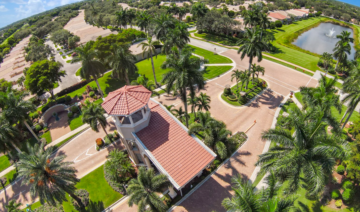 An aerial view of a residential area with palm trees and a pond