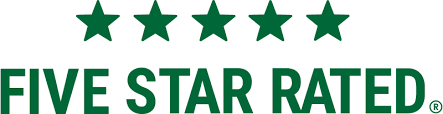 A five star rated logo with green stars on a white background