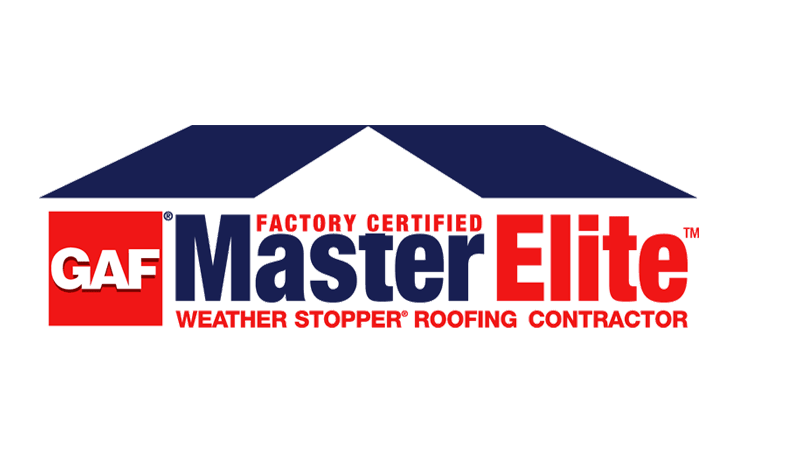 A logo for gaf master elite weather stopper roofing contractor