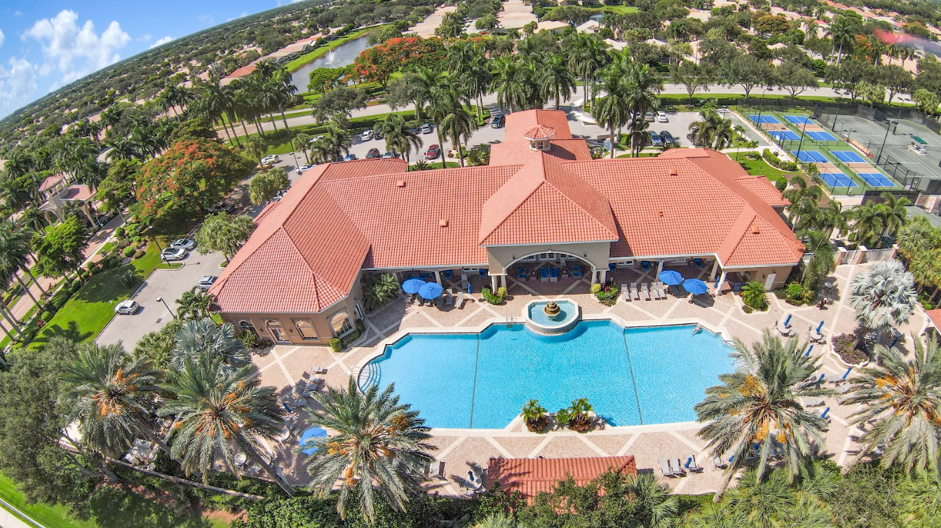 An aerial view of a large swimming pool surrounded by palm trees
