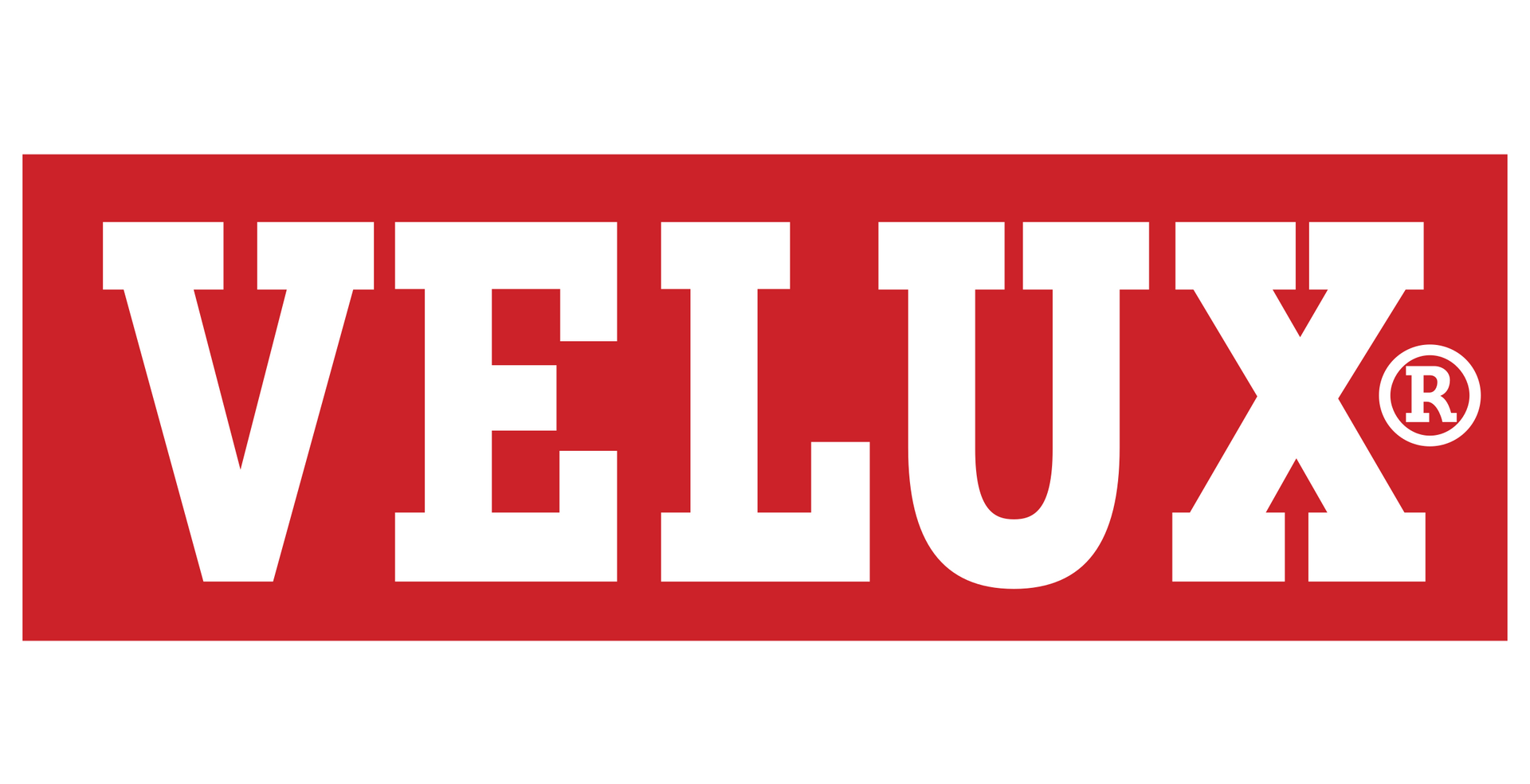A red and white velux logo on a white background.