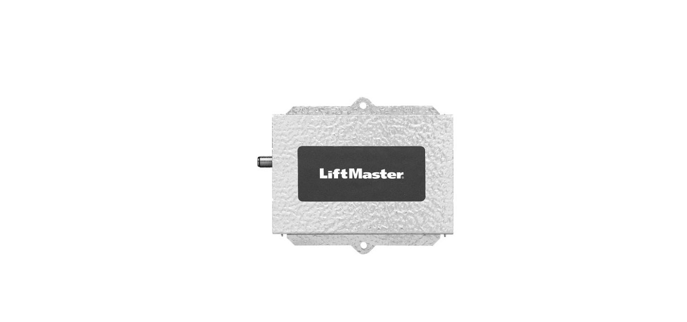 A white box with a black label that says lift master on it.