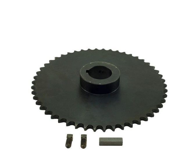 A close up of a black gear on a white background