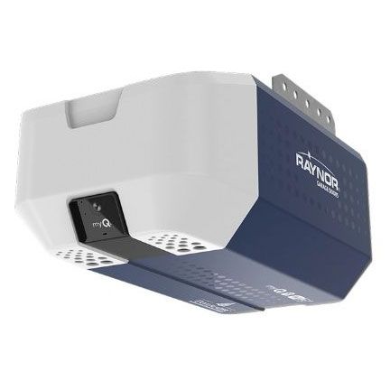 Raynor garage door opener, white and blue housing, visible brand logo, and mounting bracket.