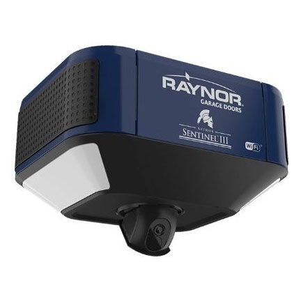 Blue and black Raynor Sentinel III garage door opener with built-in camera and lights.