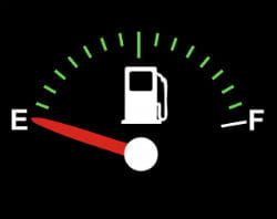 A fuel gauge is showing that the fuel tank is empty.