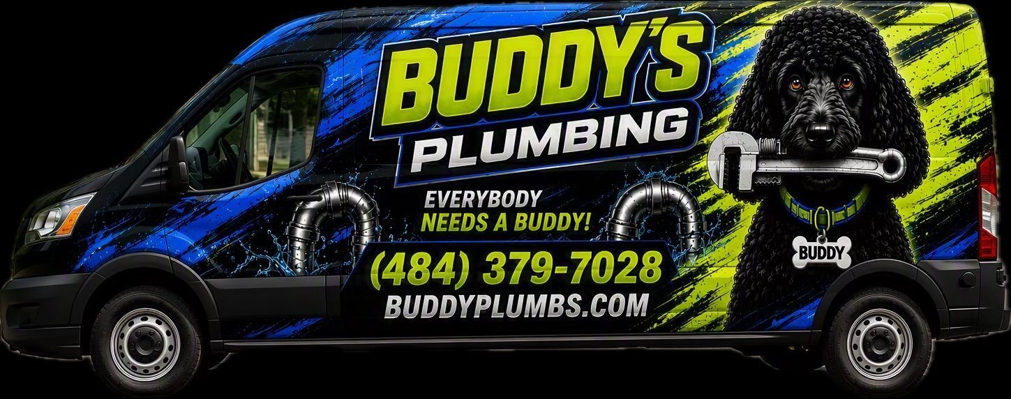 Black van wrapped for Buddy’s Plumbing with yellow logo, gorilla mascot, phone number, and website.