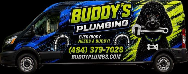 Black van wrapped for Buddy’s Plumbing with yellow logo, gorilla mascot, phone number, and website.