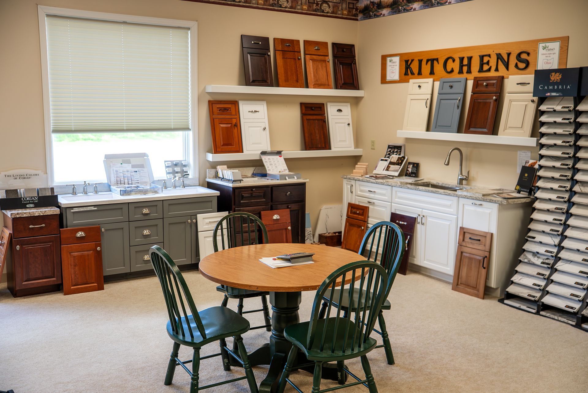 A bunch of plates sitting on top of a wooden table.