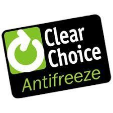 A rectangular black logo for Clear Choice Antifreeze with a green square icon containing a white circular arrow.