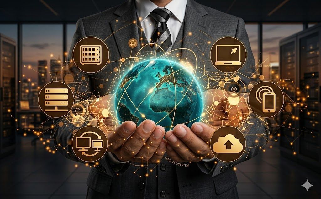 A person in a suit points to a glowing hexagonal interface displaying 