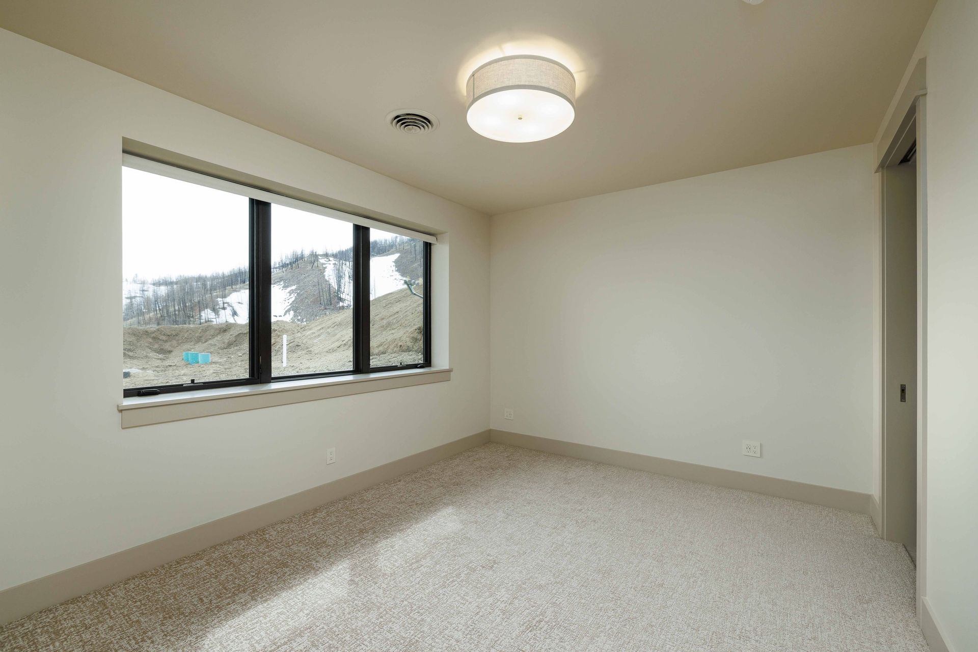 An empty bedroom with white walls, tan carpet, a flush-mount light, and a large window looking out onto a mountain view.