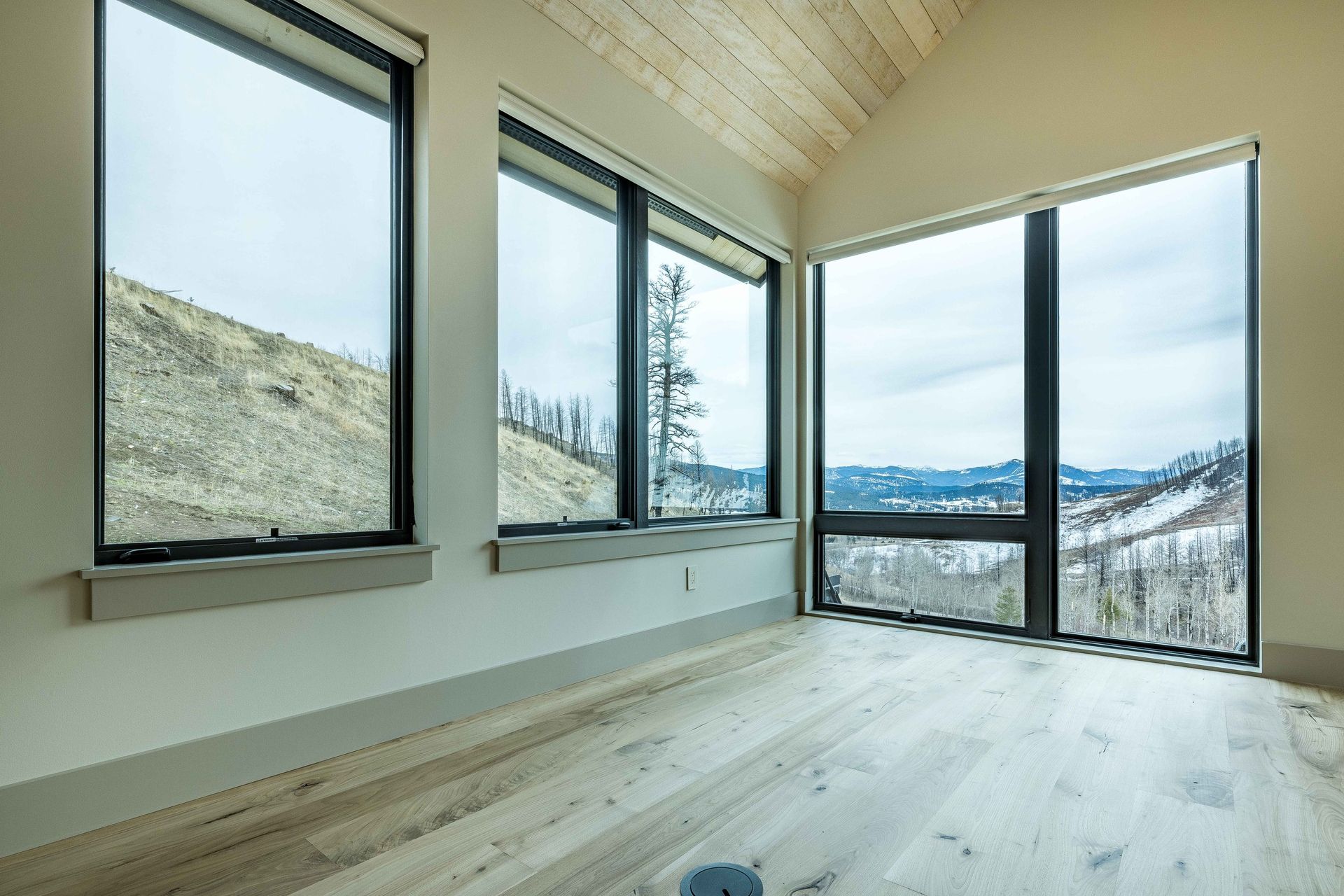 A room with light wood floors and vaulted ceilings featuring large windows showing a hillside view.