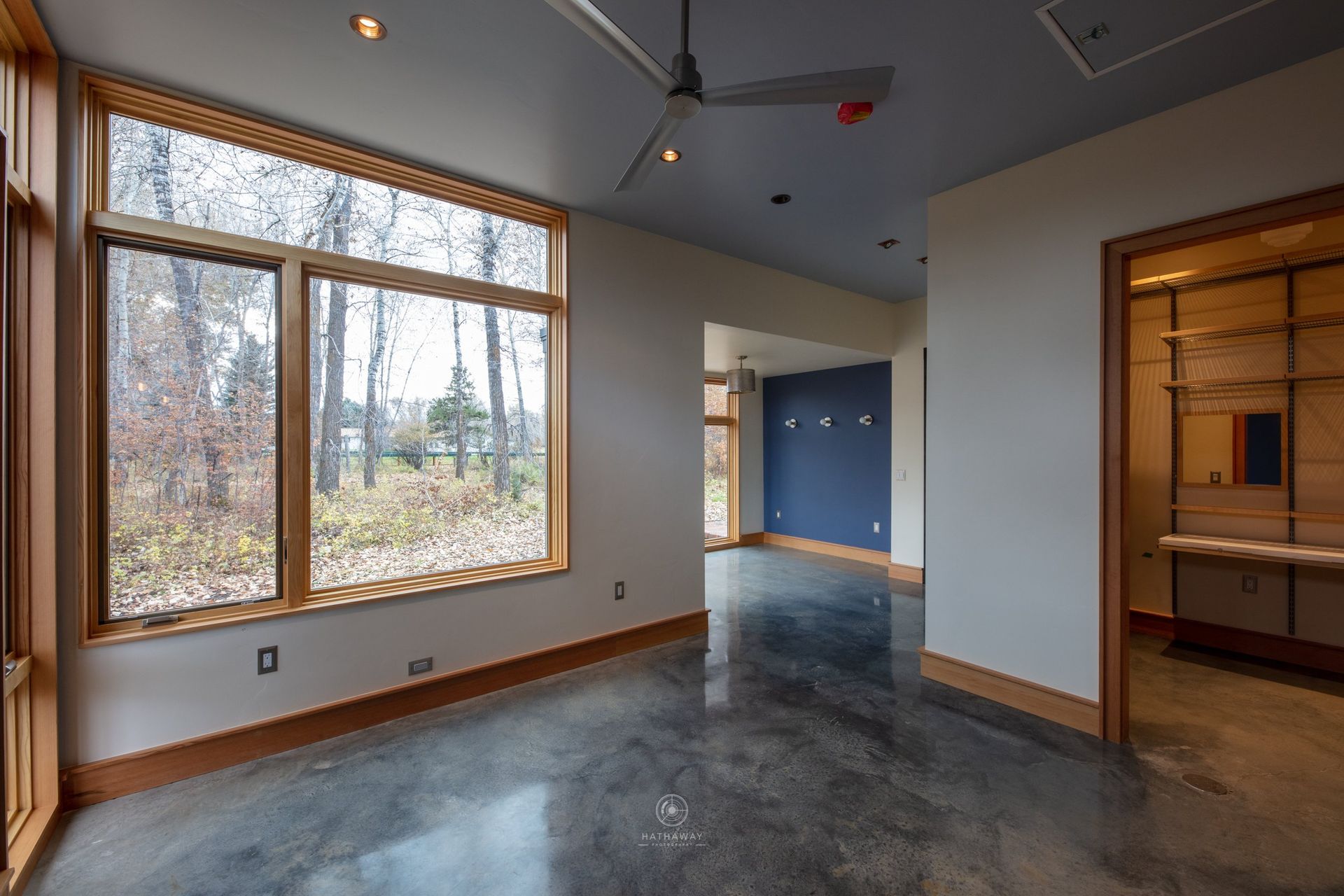 A modern, minimalist room with large windows overlooking trees, a gray concrete floor, and an open doorway to a closet.