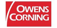 Owens Corning logo: White text on a red rectangular background. A curved white line appears in the upper left corner.