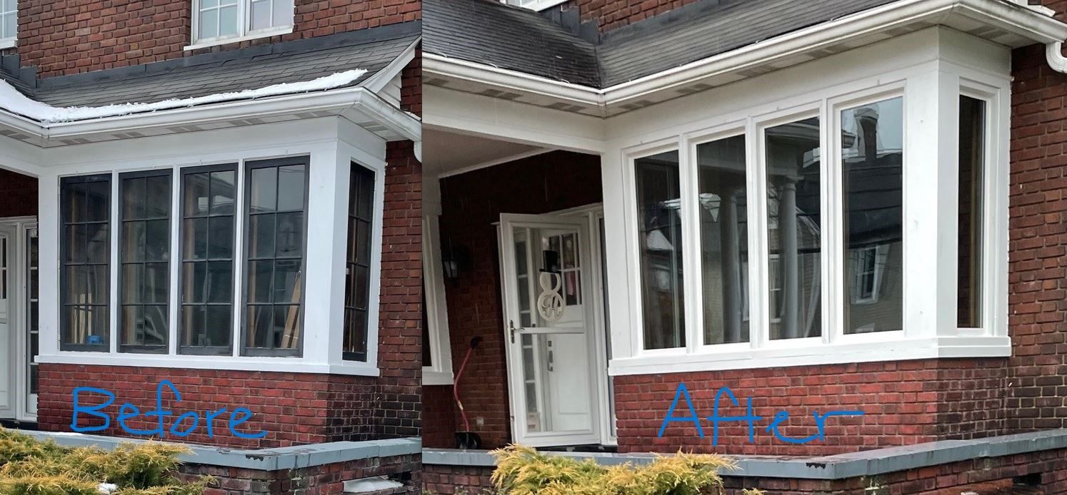 A before and after picture of a brick house with white windows.