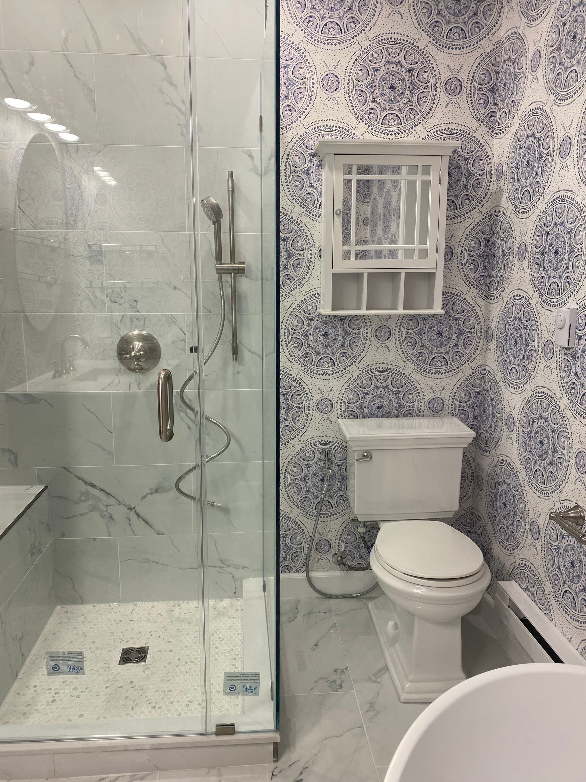 Small bathroom with glass shower, white toilet, and blue floral wallpaper.