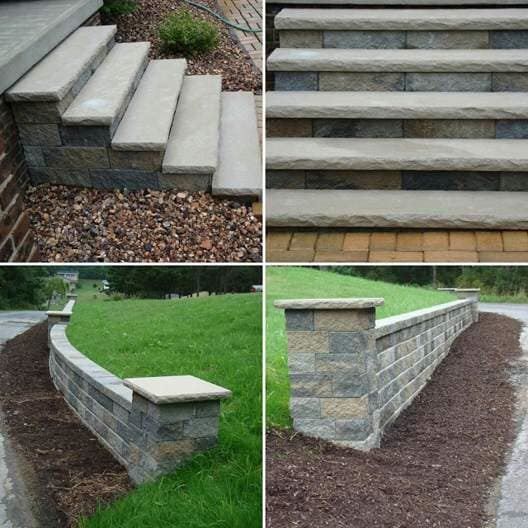 A collage of four pictures of stairs and a brick wall