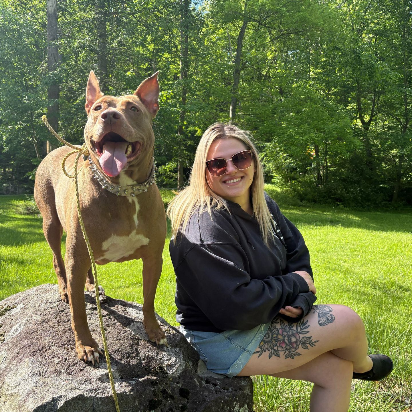 A woman is sitting on a rock next to a dog on a leash.