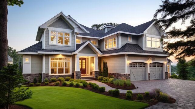 Two-story house with gray siding, green lawn, and stone accents.  Driveway and garage on right.