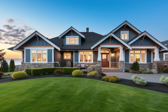 Blue Craftsman home with stone accents, lush green lawn, and landscaping.