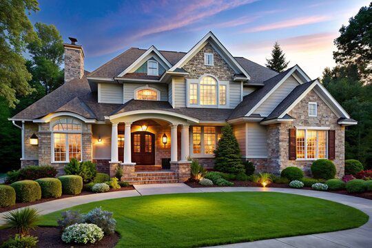 Elegant two-story home with green lawn and landscaping at dusk; lit windows, stone accents.
