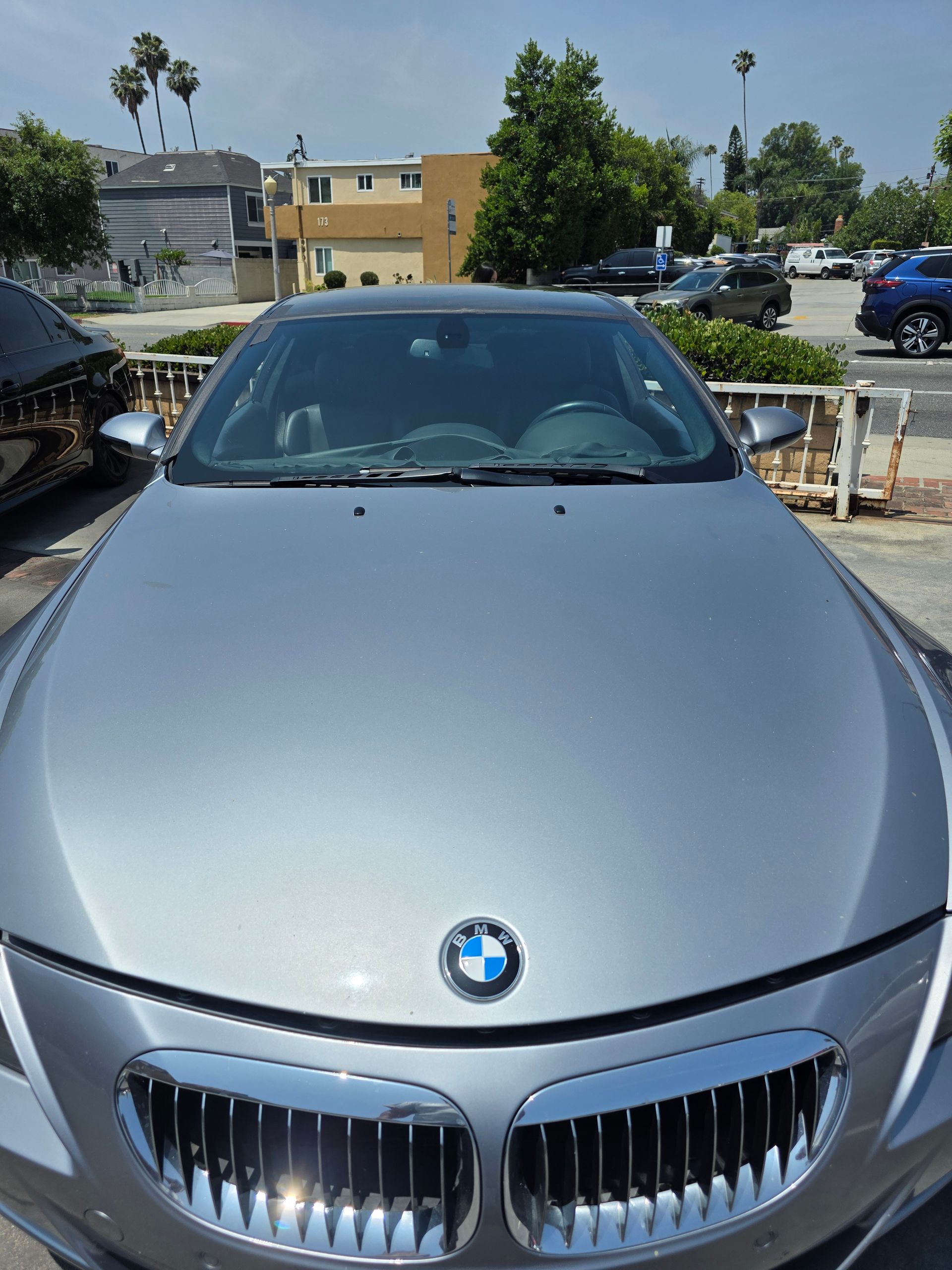 Silver BMW car with chrome grill, parked outdoors on a sunny day. A blue BMW emblem is visible on the hood.