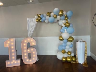 A party setup with light-up number 