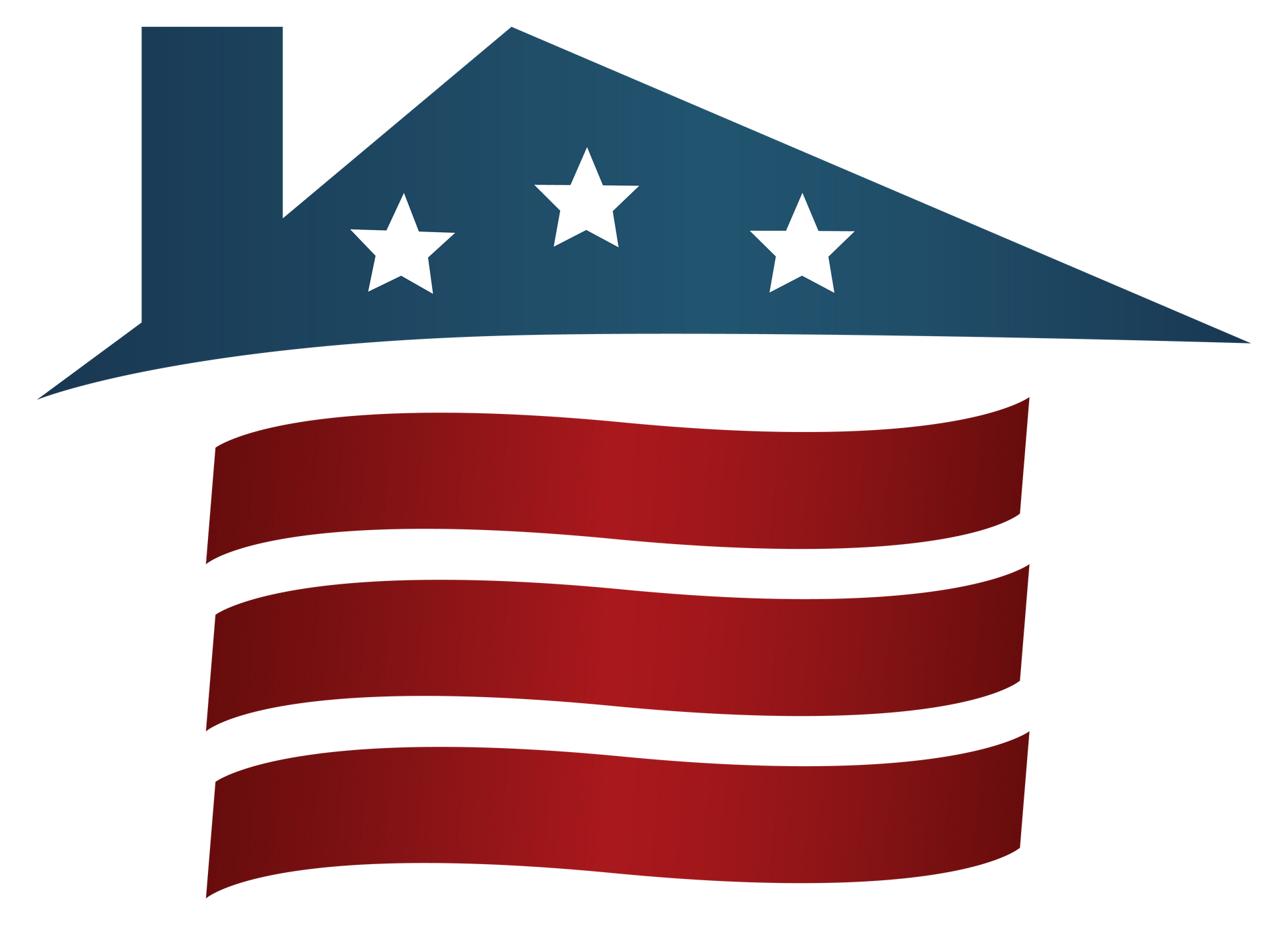 House with blue roof and stars over red and white stripes.