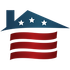 American flag-themed house logo with blue roof featuring three white stars, red and white striped body.