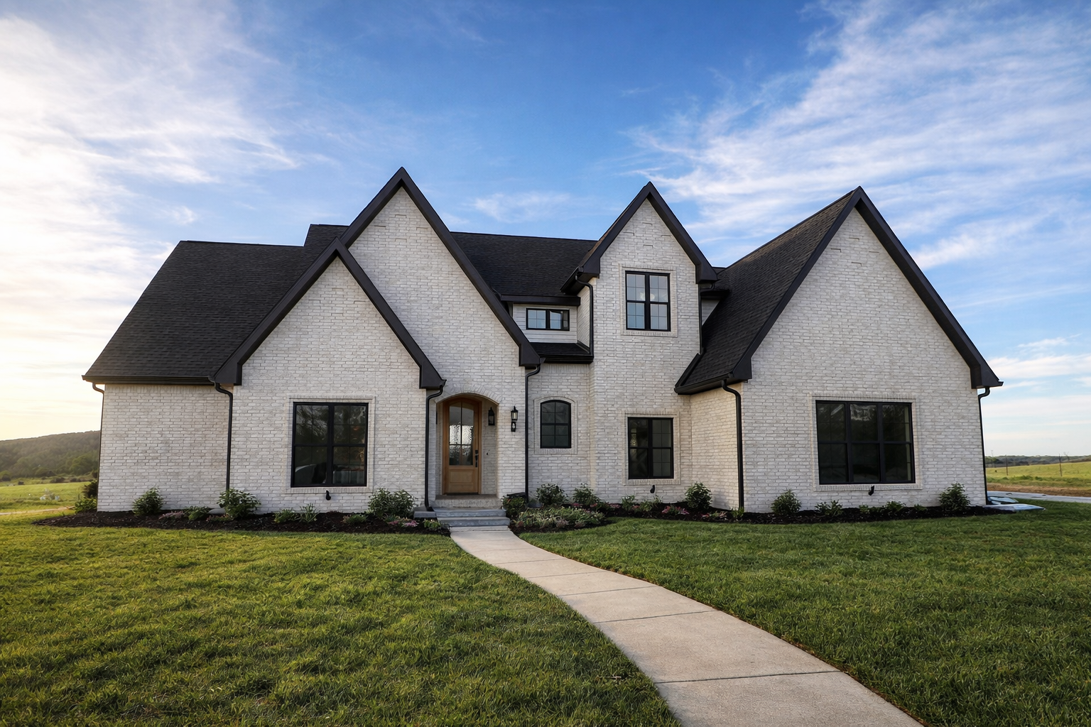 Stone house with dark roof and trim, arched gables, walkway leading to front door, green grass, blue sky.