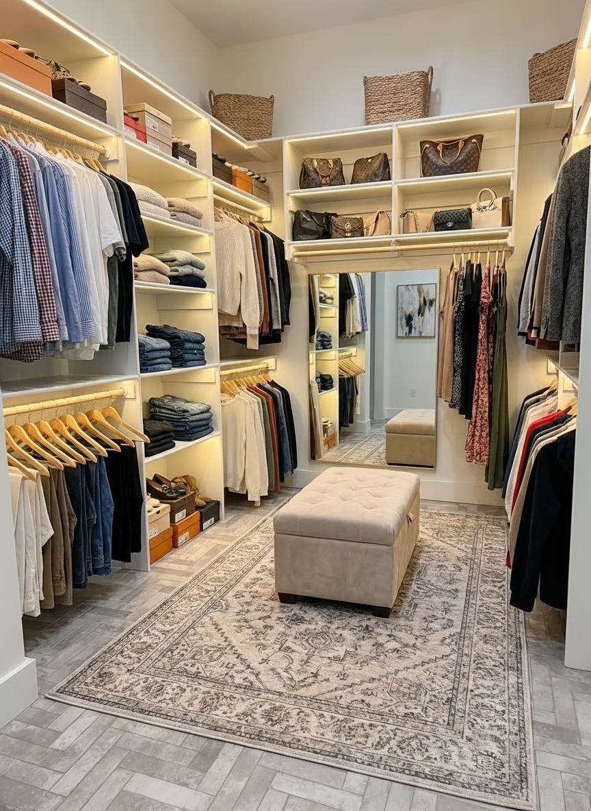 Walk-in closet with custom shelving and lighting. Clothes and accessories are neatly organized. Beige rug and ottoman.