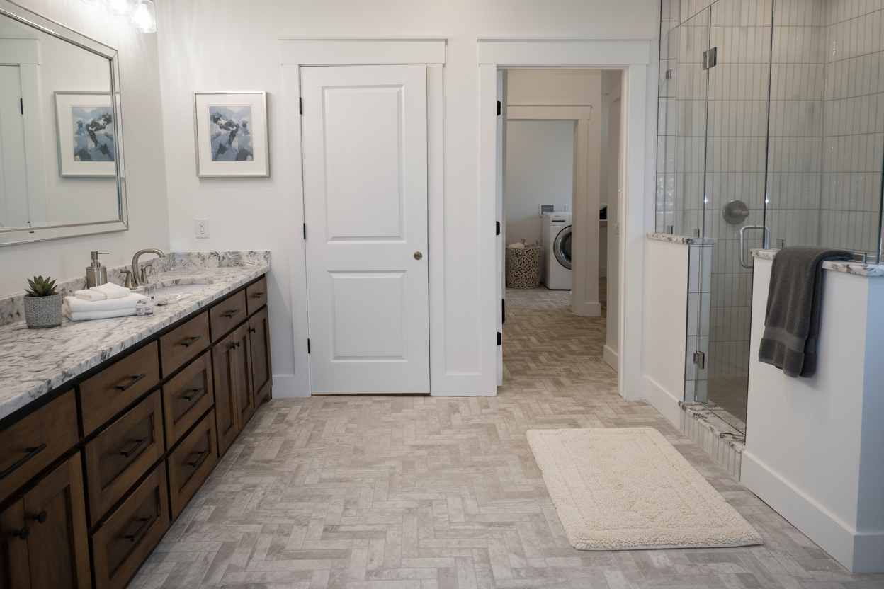 Bathroom with long wood vanity, framed art, white door, and tiled floor leading to laundry.
