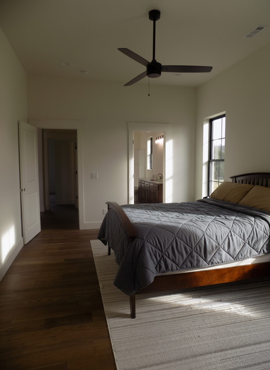 Bedroom with a bed, hardwood floors, a ceiling fan, and access to a bathroom and another room.