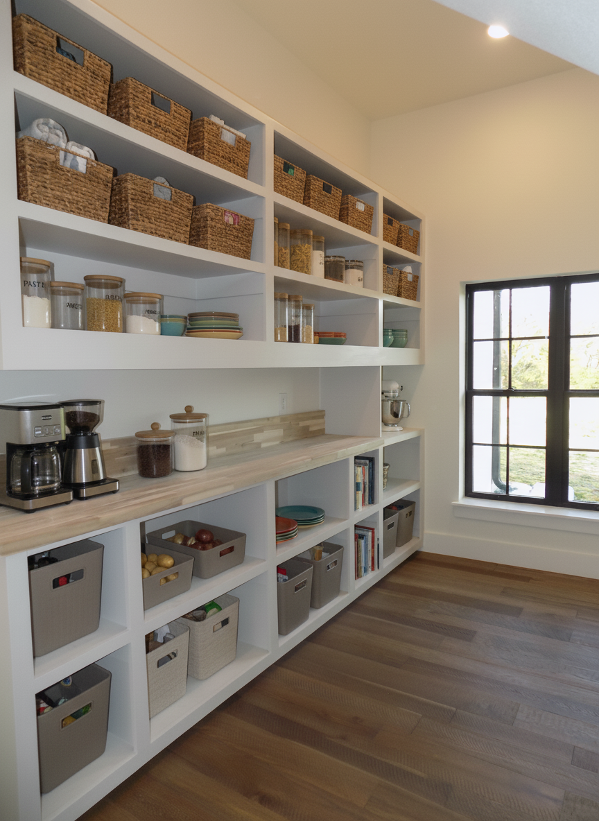 Walk-in pantry with white shelving, woven baskets, and gray bins. Coffee maker on the counter. Wooden floor.