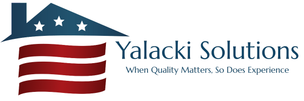 Logo: House-shaped design with American flag theme; "Yalacki Solutions" text; tagline: "There's no such thing as problems, only solutions."