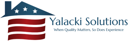 Logo: House-shaped design with American flag theme; "Yalacki Solutions" text; tagline: "There's no such thing as problems, only solutions."